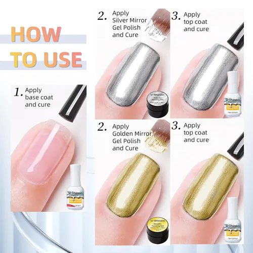 Miniatura 6 de Gel de pintura metálica de 2 x 0.3 fl oz, esmalte de uñas plateado y dorado, pintura de metal 3D, esmalte de gel de dibujo de espejo, esmalte
