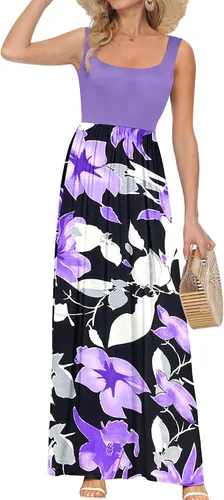 Miniatura 30 de AUSELILY Vestido largo con cuello cuadrado para mujer, sin mangas, floral, holgado, con bolsillos