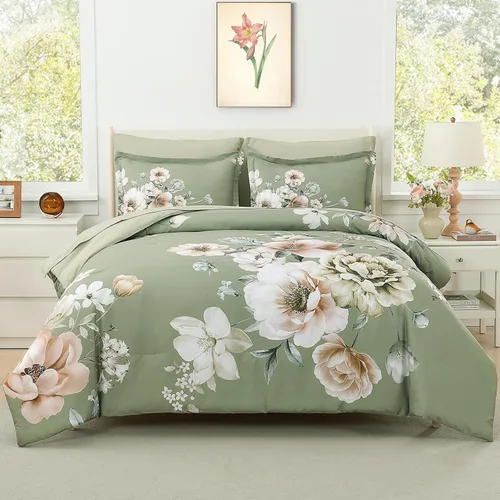 Miniatura 14 de Juego de edredón para cama Queen, juego de cama de 7 piezas en una bolsa, de microfibra suave, patrón floral de hojas negras sobre blanco