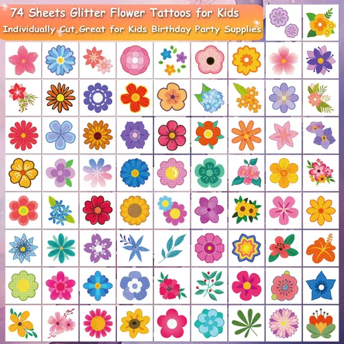 Miniatura 2 de CHARLENT Tatuajes temporales de flores con purpurina para niñas, 74 hojas individuales, impermeables y fáciles de despegar, recuerdos de fiesta