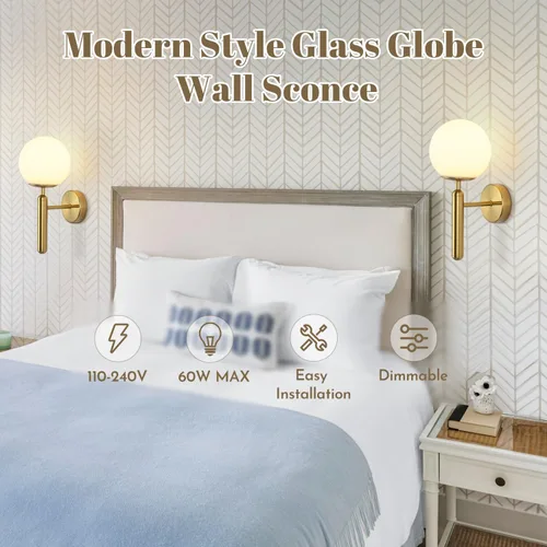 Miniatura 5 de KCO Lighting - Juego de dos apliques de pared de latón con forma de globo de vidrio de leche, aplique de pared dorado cepillado, modernos accesorios