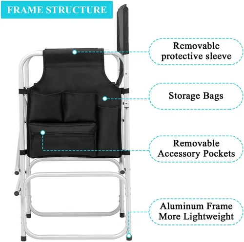 Miniatura 7 de Vasitelan Silla plegable alta para directores con bolsa de almacenamiento para mesa auxiliar, altura de barra portátil para maquilladores, marco