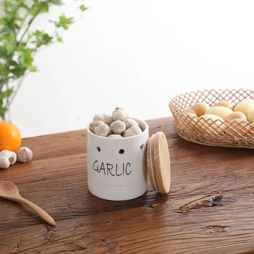 Miniatura 2 de Contenedor de ajo de cerámica con tapa de madera, contenedor de ajo para mostrador, fácil de limpiar, ahorra ajo para mantener tus dientes de ajo