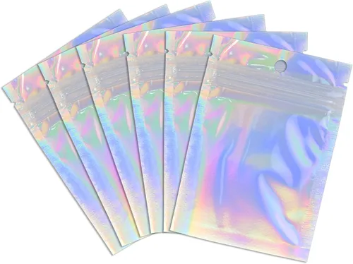 Paquete de 100 bolsas de plástico holográficas resellables para almacenamiento de alimentos, bolsas con cremallera con ventana frontal transparente,