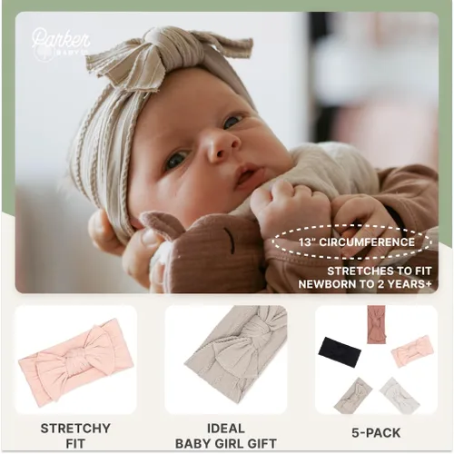 Miniatura 4 de Parker - Diademas de nailon de punto trenzado para bebé, paquete de 5 unidades, lazos suaves, elásticos y cómodos para niñas, ajustables, suaves al