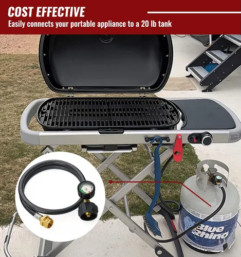 Miniatura 5 de CALPOSE Manguera adaptadora de propano de 6 pies con calibre, adaptador de 1 libra a 20 libras que convierte electrodomésticos de 1 libra en tanques