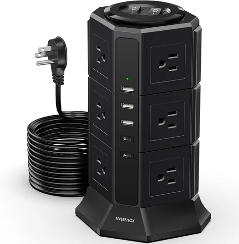 Miniatura 16 de Regleta de Protección contra Sobretensiones Torre Enchufe Plano con 12 Tomas de CA 3 Puertos USB (2 Tipo C), Cable de Extensión Ultra Plano de 6.5