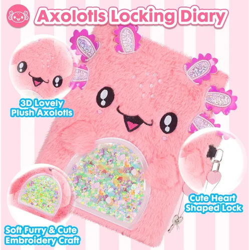 Miniatura 2 de Diario de ajolote para niñas con cerradura, juguetes de ajolote de felpa, regalo para niñas adolescentes, cuaderno de escritura para niños, regalos