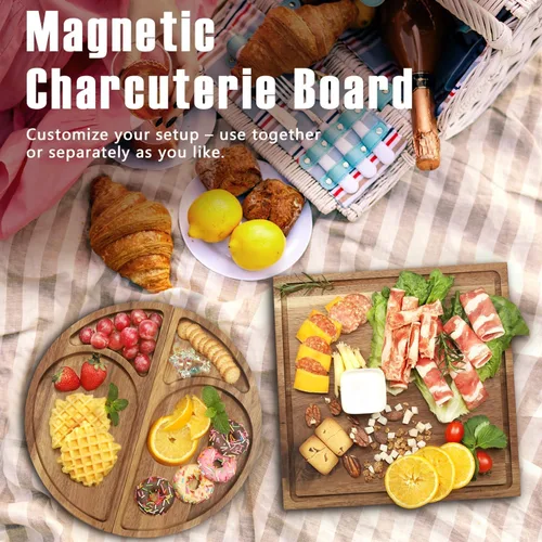 Miniatura 5 de Juego de 3 tablas de queso magnéticas extra grandes, tablero de queso, cuadrado, redondo y en forma de corazón, bandeja de madera para servir