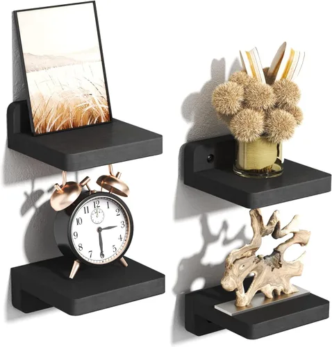 SRIWATANA Pequeños estantes flotantes montados en la pared, estante de madera para decoración y almacenamiento, juego de 4, mini estante de Negro