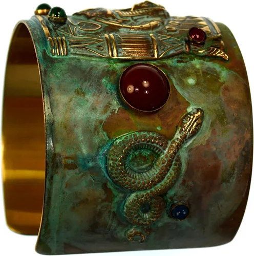 Miniatura 3 de Elaine Coyne Patina - Pulsera ancha con motivo egipcio, faraón y serpientes, diseño de faraón y serpientes, cornalina, lapislázuli, malaquita, Latón