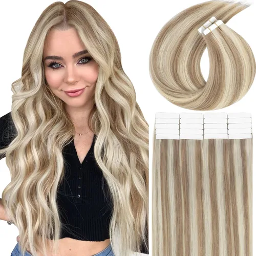 Miniatura 27 de Lacer Extensiones de cabello humano con cinta, cabello humano castaño mezclado con marrón oscuro con raíces de color marrón oscuro, invisible