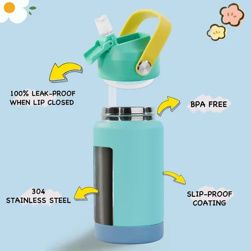 Miniatura 2 de Kerilyn - Botella de agua para niños, de acero inoxidable, con pajilla a prueba de fugas, con aislamiento térmico, libre de bisfenol A, unisex