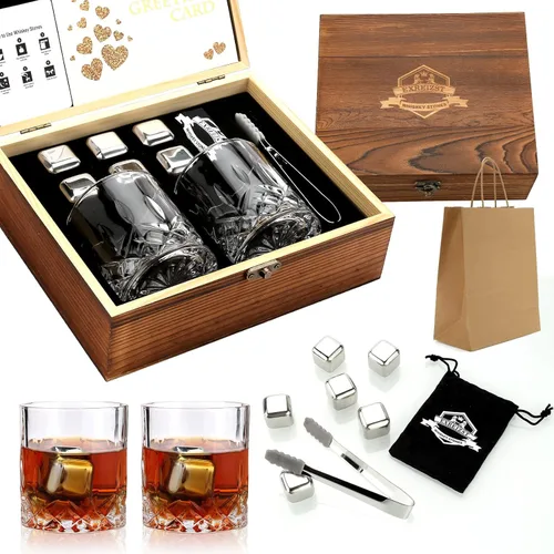 Piedras de whisky, juego de regalo de vidrio de whisky, piedras escalofriantes en caja de madera hecha a mano, fresco sin dilución, juego de 2 vasos