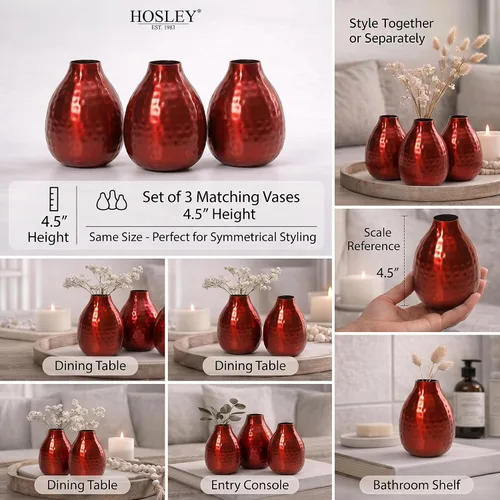 Miniatura 3 de Hosley Juego de 3 jarrones de metal de 4.5 pulgadas de alto, acabado rojo, decoración floral contemporánea para arreglos florales, elegantes Acabado