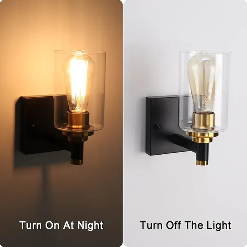 Miniatura 8 de Juego de dos apliques de pared negros y dorados para baño, lámparas de pared de latón, modernas lámparas de pared con pantalla de vidrio, lámparas