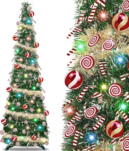 [Temporizador] Árbol de Navidad desplegable de 6 pies con luces, árbol de lápiz de oropel verde y dorado con 50 bolas de Navidad de luz multicolor,