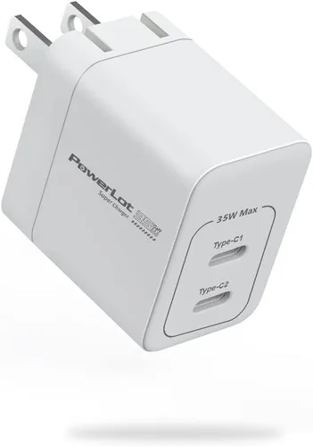 PowerLot Cargador USB C, GaN III 35W Dual USB C Cargador de pared, PPS Bloque de carga súper rápida con enchufe plegable para iPhone 15 14 13 12 11,
