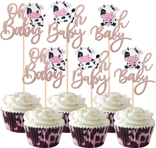 Miniatura 9 de Rsstarxi Paquete de 24 adornos para cupcakes de vaca con purpurina de animales de granja Moo para cupcakes temáticos de vaca, baby shower, fiesta