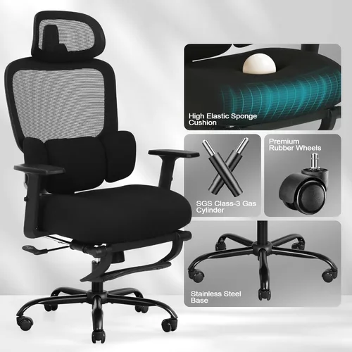 Miniatura 9 de Silla de oficina ergonómica con reposapiés, silla de escritorio de malla con reposacabezas y reposabrazos ajustables y soporte lumbar dinámico Rosa