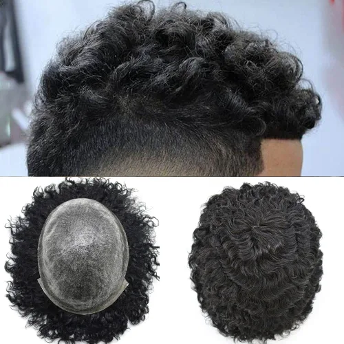 Miniatura 11 de Afro Toupee para hombres negros, rizado brasileño, pieza de cabello humano afroamericano afro ondulado para hombre, sistema de reemplazo de piel