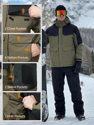 Miniatura 7 de FREE SOLDIER Chaqueta de esquí impermeable para hombre, abrigo cálido de invierno para nieve, snowboard con múltiples bolsillos, capucha desmontable