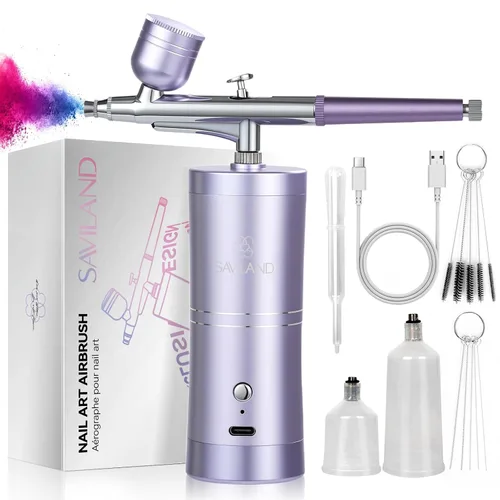 SAVILAND Aerógrafo para Uñas: Creatividad Ilimitada de Arte de Uñas Kit Pro de Aerógrafo de Doble Modo Recargable Boquilla de 0.3mm Set de Púrpura