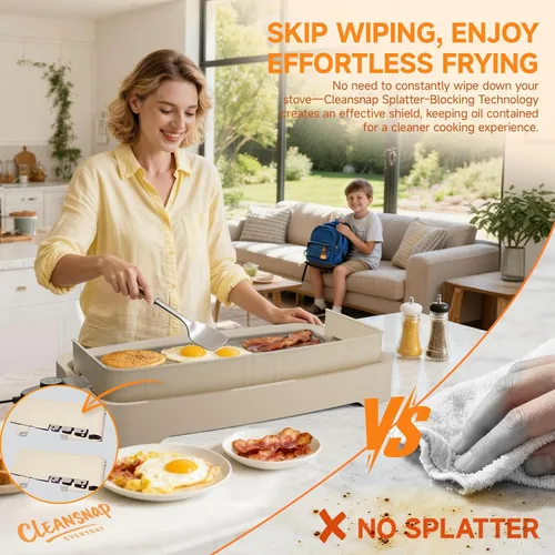 Miniatura 4 de Cleansnap Plancha Eléctrica de Uso Diario, Gran Regalo para Banquetes Familiares - Parrilla Antiadherente de 20" con Protector Plegable Vainilla