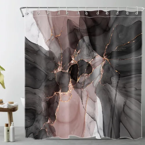Miniatura 9 de LB Cortina de ducha abstracta de mármol, textura de mármol rosa y negro, cortina de ducha de arte moderno para baño, 60 x 72 pulgadas, tela