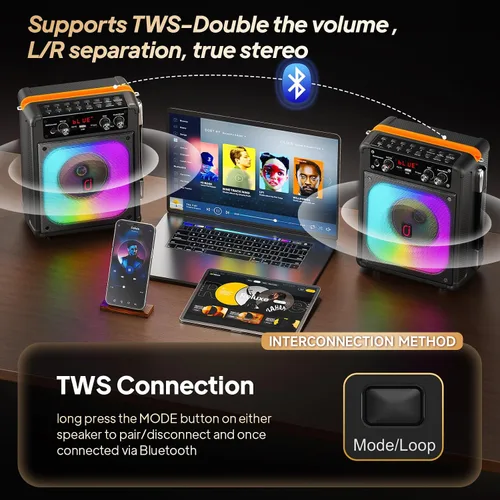Miniatura 10 de HWWR Máquina de karaoke, altavoz Bluetooth portátil con 2 micrófonos inalámbricos para adultos y niños, máquina de cantar para fiestas y reuniones