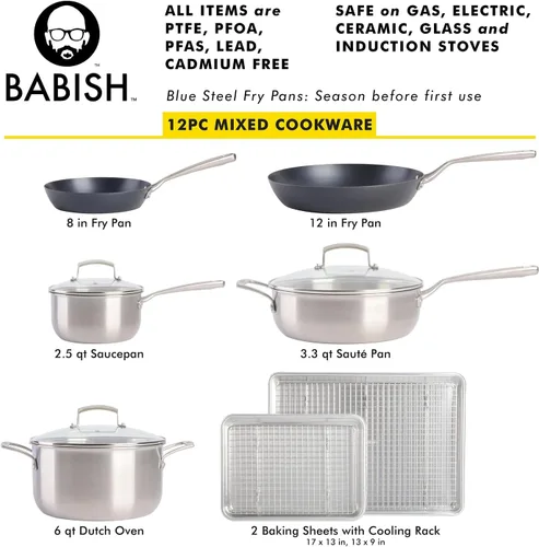 Miniatura 2 de Babish Juego de utensilios de cocina de grado profesional de 12 piezas (acero inoxidable, acero al carbono y aluminio) con bandejas para hornear
