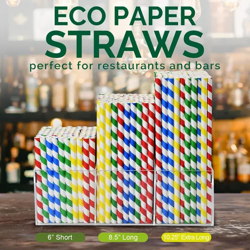 Miniatura 6 de Pajitas desechables de papel a rayas coloridas de 6 pulgadas, 100 unidades para batidos, batidos y bebidas gruesas, biodegradables