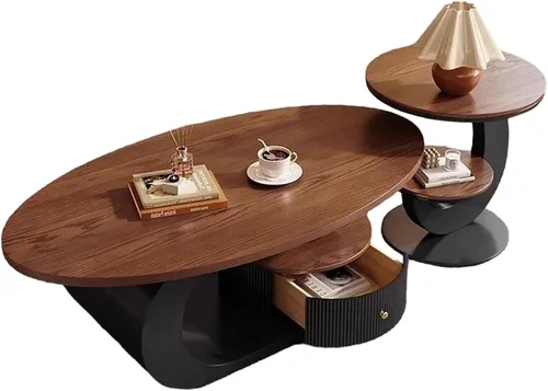 Juego de mesa de centro ovalada moderna de 2 piezas, mesas de centro anidables con almacenamiento, mesa auxiliar con marco de metal, mesa de centro