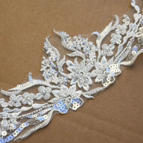 Miniatura 7 de Blanco marfil 2yard lentejuelas con cuentas flor bordado apliques de encaje para vestidos de novia apliques de diamantes de imitación parches ropa
