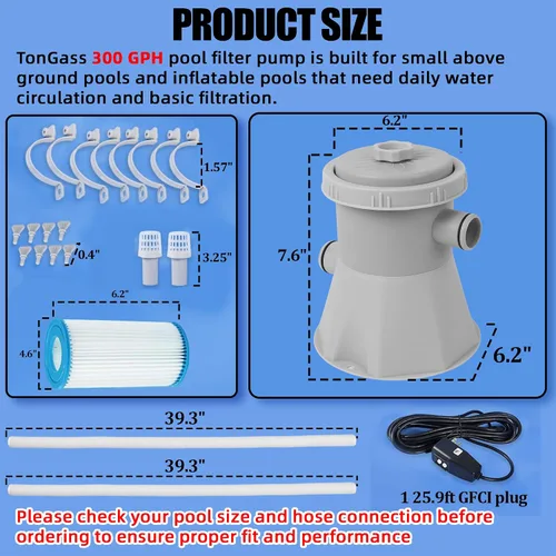 Miniatura 2 de TonGass Bomba de filtro de piscina de 300 GPH para piscinas pequeñas sobre el suelo, sistema de bomba de filtro de cartucho con GFCI, bomba