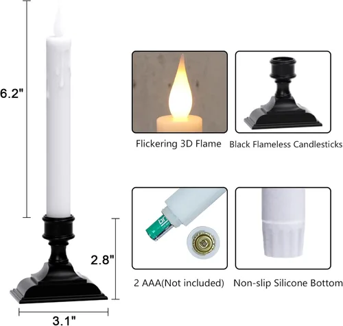Miniatura 7 de GenSwin Velas de Ventana que Funcionan con Batería con Temporizador, Velas Cónicas sin Llama, Candelabros Cónicos LED para Ventana Negros