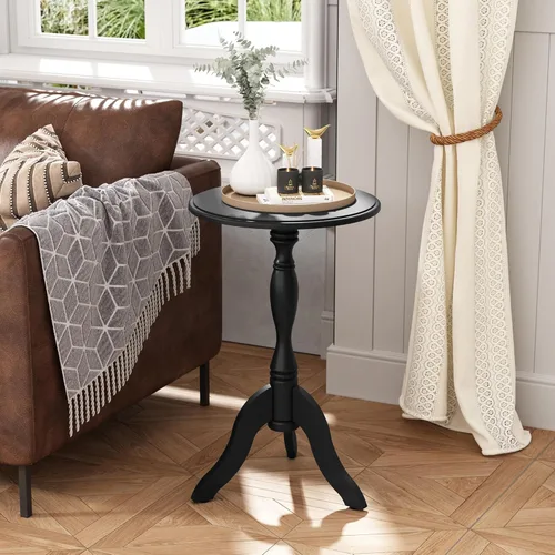 HLR Mesa auxiliar redonda pequeña, mesas auxiliares laterales con pedestal de madera, mesita de noche vintage para sala de estar, dormitorio, Negro