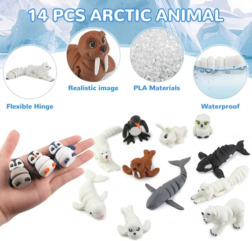 Miniatura 3 de 14 piezas de figuras de juguetes de animales árticos impresos en 3D, juguetes de baño articulados de animales polares realistas con oso polar