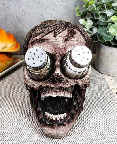 Miniatura 9 de Ebros Walking Undead Gory - Juego de figuras de cabeza de zombi sin ojos y salero y pimentero con pompones de cristal, estatua decorativa de miedo