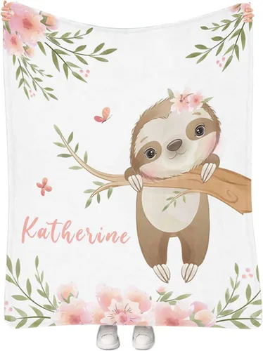 Miniatura 12 de Manta personalizada para niñas con nombre, manta personalizada de perezoso y mariposa, manta de forro polar suave para recién nacidos, baby shower
