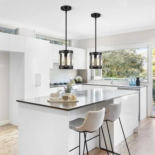 Miniatura 6 de Lámpara colgante de cristal con pantalla de tambor negra mate, araña de 2 paquetes para isla de cocina, luces de techo modernas para sala de estar