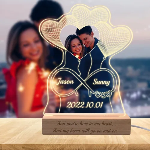 Regalo para ella, lámpara nocturna de acrílico infinito 3D personalizada con imagen, luz nocturna con foto personalizada, placas acrílicas