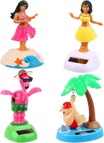 Paquete de 4 juguetes bailarines alimentados por energía solar de Hawaii Girl Flapping Wings Flamingo Car Shaking Head Dancer Doll Hawaii Toy Swing