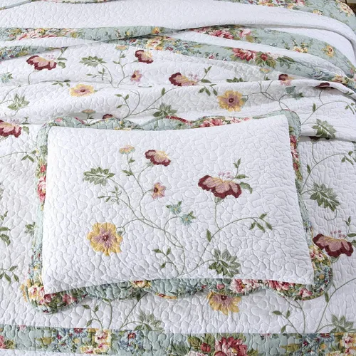 Miniatura 5 de vctops Juego de edredón bordado de algodón floral de 3 piezas, elegante, reversible, ligero, suave, con 2 fundas de almohada