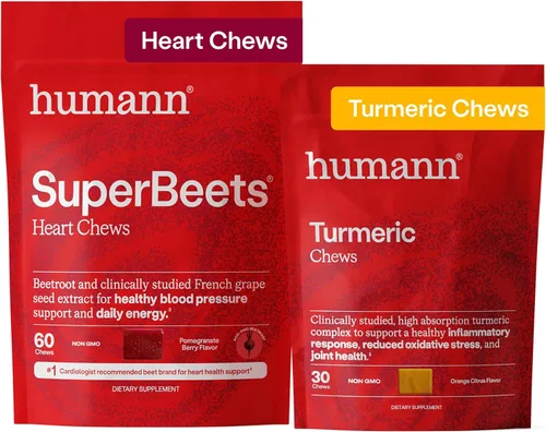 Humann SuperBeets Masticables para el Corazón y Masticables de Cúrcuma, Suplemento de Remolacha y Cúrcuma, Complejo de Curcumina de Alta Absorción,