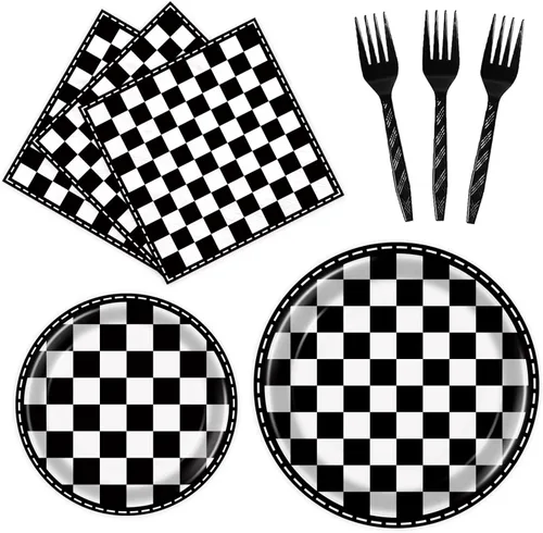 96 piezas de platos y servilletas a cuadros suministros de fiesta de coches de carreras decoraciones de cumpleaños con bandera a cuadros suministros