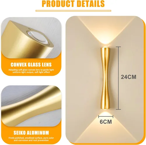 Miniatura 6 de Aomesinc Moderno aplique de pared dorado arriba y abajo, lámpara LED de interior para dormitorio, sala de estar, baño, mesita de noche, pasillo