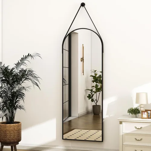 HARRITPURE Espejo arqueado de 16 x 48 pulgadas con correa de cuero para colgar, espejo de cuerpo entero, marco de aluminio, para colgar en la pared,