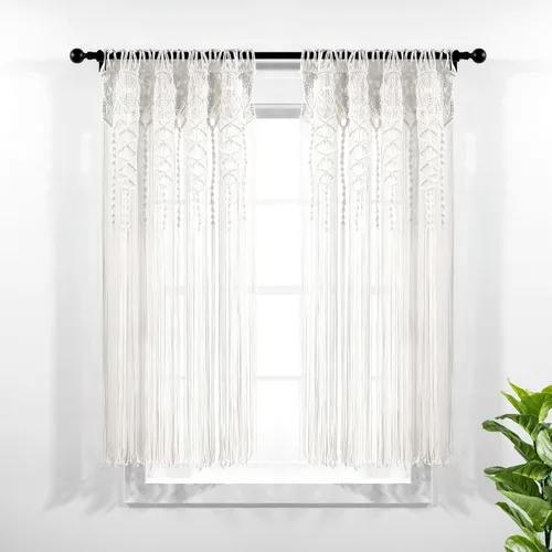Lush Decor Panel de cortina de algodón texturizado de macramé bohemio para ventana, 40 pulgadas de ancho x 63 pulgadas de largo, color blanco,