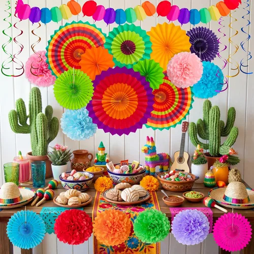 Miniatura 2 de Juego de 35 piezas de decoración para fiesta con abanicos de papel - Pom Poms del Cinco de Mayo, banderines, guirnaldas, pancartas, remolinos